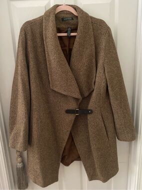 Lauren Ralph Lauren Tan Tweed Shawl-Collar Pea Coat size 16